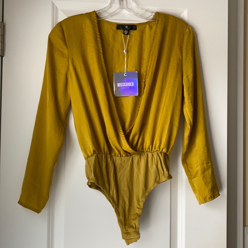 Missguided Petite Satin Chartreuse Wrap Bodysuit